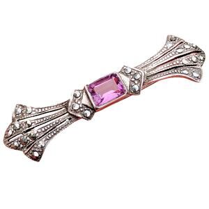 VTG Sterling Marcasite Brooch Amethyst Art Deco Revival Sparkly Bar Pin 1975–85